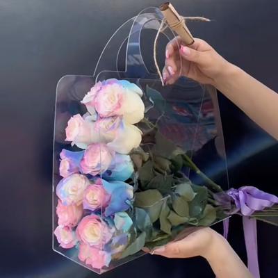 China Recyclable Tiktok Hot Selling Wedding Gift Tote Bag PVC Plastic Transparent Folding Flower Packaging Bag For Bouquet for sale