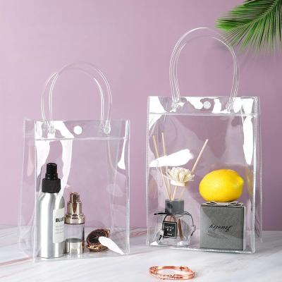 China Recyclable Customized Transparent Beverage Portable Logo Gift Shopping Bag Clear Plastic Pvc Flower Bag With Handles for sale