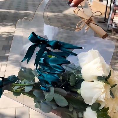 China Recyclable Tiktok Hot Selling Customized Clear Florist Decoration Flower Bouquet Wrapping Pvc Plastic Transparent Bag Handbag Flower Bag for sale