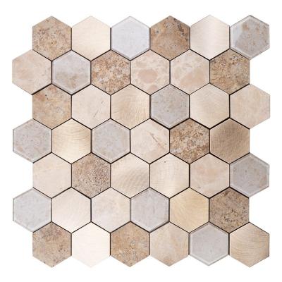 China Parquet Self Stick Stone Aluminum Hexagonal Mixed Inkjet Glass Mosaic Slabs for sale