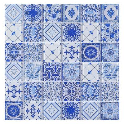 China Parquet Antique Arabesque Family Flower Design Blue Crystal Glass Mosaic Slabs for sale