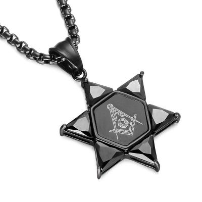 China Fashionable Good Quality Titanium Steel Black Silver Star Gold Rhinestone Masonic Necklace Six Points for sale