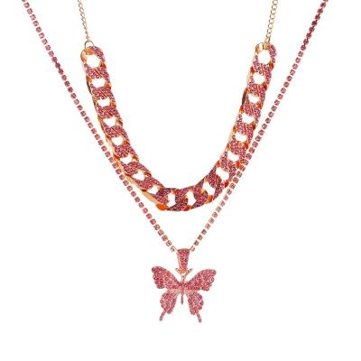 China Large Butterfly Personality Double Layer Necklace Cuba Female Necklace Full Diamond Neck Chain Fashion Thick Sweater Chain Large for sale