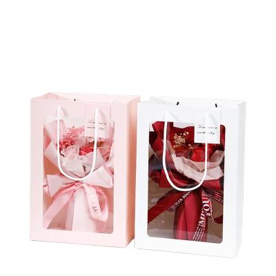 China Handmade Stain Gift Bag With Transparent Window Fresh Flower Gift Bag Packaging With Keepsake Window for sale