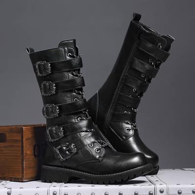 China Around 2021 Fashion Black Leather Western Mens Buckle Metal Rivets Classic Boots Motorcycle Boots for sale