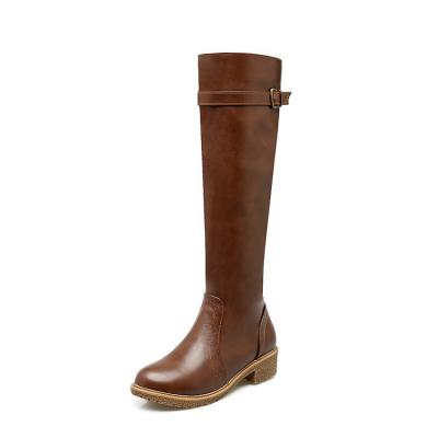 China Waterproof Luxury Cowhide Genuine Leather Knee High Flat Riding Boots Buckle Design Cowboy Boots For Ladies for sale