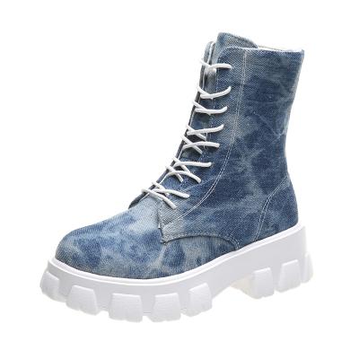 China Breathable Botas De Mujer 2021 Women Ankle Lace Up Chunky Heel Denim Canvas Turquoise Boots Ladies for sale