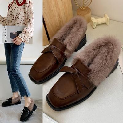 China Brand New Women Princetown Leather Slipper Thermal With Fur Suede Velvet Winter Slipper Muller Loafers Flat for sale