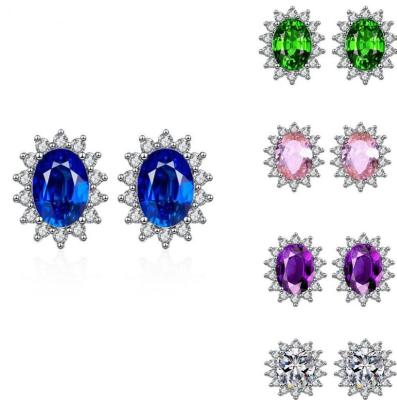 China Multi Colors Woman 925 FASHIONABLE Elegant Silver Oval Stud Earrings Wholesales Zircon Flower Silver Stud Earrings for sale