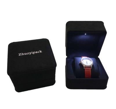 China Worry Black Micro Unique Round Jewelery Packaging LED Light Watch Packaging Box Fabric Velvet Watch Box Jewelry Box for sale