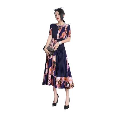 China Wholesale Fashion Floral Pleated Plus Size 100% Polyester Batwing Sleeve Pleated Dress Plus Size Long Maxi Dresses Women Summer for sale