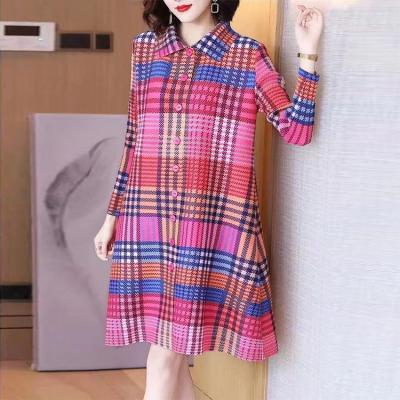 China High quality long sleeve summer button fashion vintage plaid simple dresses plus size lapels lovely plus size dresses dress for women for sale