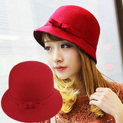 China 2021 Winter Women Girls Vintage Warm Wool Plush Felt Fedora Bowknot Fedora Hat for sale