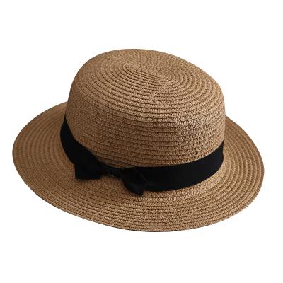 China Flat Bowknot Brim Summer Beach Hat Ladies Panama Striped Casual Straw Hat Flat Straw Beach Hat for sale