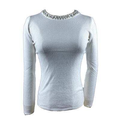 China Stretch Crew Neck Ribbed Sweaters For Women Cute Sexy Beads Decor Knitted Pullover Sweater Warm Fitted Sweater Women for sale