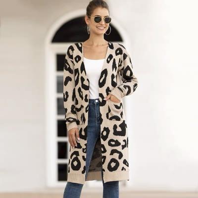 China QUICK DRY Women Sheath Long Front Leopard Knit Cardigan Casual Open Print Knitted Maxi Sweater Coat Outwear With Pockets Women's Sweater for sale