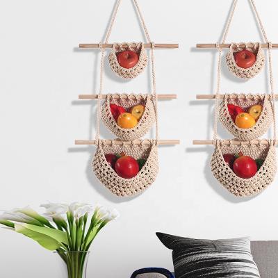 China (Size) 3 Tier Adjustable Macrame Fruit and Vegetable Storage Basket Cotton Rope Woven Wall Hanging Baskets for Indoor Plants Organizing for sale