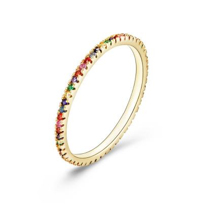 China Free Custom Hot Sale Stackable Lead Free Nickel Free S925 Sterling Silver Rainbow Colorful Full-way Arrangement Zircon Eternity Wedding Band Ring for sale