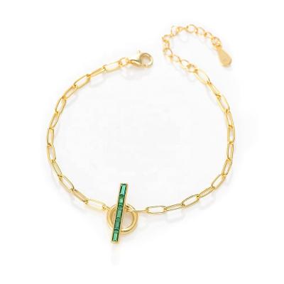 China Classic Wand Free Emerald Zircon Circle Charm Paperclip Lead Free S925 Sterling Silver Pulsera Para Mujeres Linked Chain Bracelet For Girls for sale