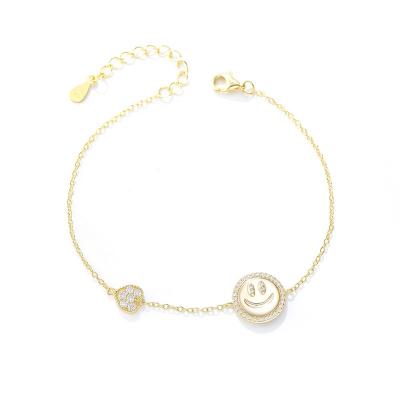 China Smiley Face Heart Chain Cuff 925 Sterling Silver CZ Charms Free Heart Shaped Bracelet Cute Lead Free Nickel Sale For Kids Girls for sale