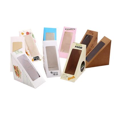 China Recycled Materials Triangle Custom Printing Paper Packaging Colored Sandwich Boxes For Snacks Cake Bakery Food With Window for sale