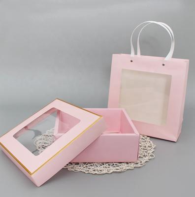 China Recycled Materials Cute Pink Paper Box With Window Gift Packaging Box Transparent Paper Bag With Window for sale