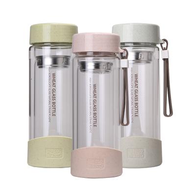 China Viable Custom Logo Tea Infuser Motivational Glass Water Bottle Bpa Free Borosilicate Unbreakable With Silicone Sleeve for sale