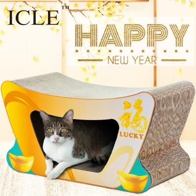 China Eco-Friendly Eeo Viable Recycle Room House Box Chinese Lucky New Design Corrugated Paper Cardboard Cat Scratcher-IC-0078 Glod for sale