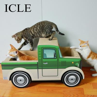 China Sustainable Products Cat Toys Craft Car Shaped Room House Boxes-IC-1035-Green Truck Corrugated Paper Cardboard Cat Scratcher for sale