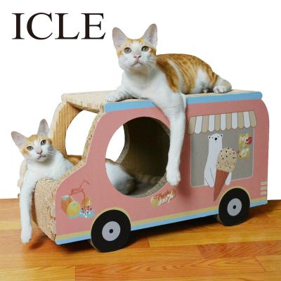 China Sustainable icLe-Cat Products Car Shaped Room House Boxes-IC-1043-Pink Truck Corrugated Paper Cardboard Cat Scratcher for sale