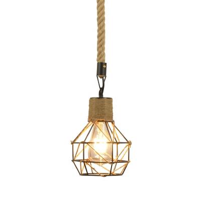 China Retro Lighting Indoor Industrial Cage Pendant Lamp, Iron Hemp Rope Light, Hemp Rope Hanging Lamp for Bedroom for sale