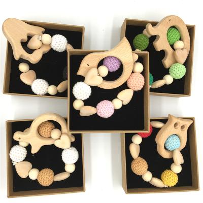 China Soft Toy Baby Teether Wooden Heart Crochet Beads Baby Teether Chain Bracelet Owl Tortoise Teething Shower Dummy Penguin Bird Elephant for sale