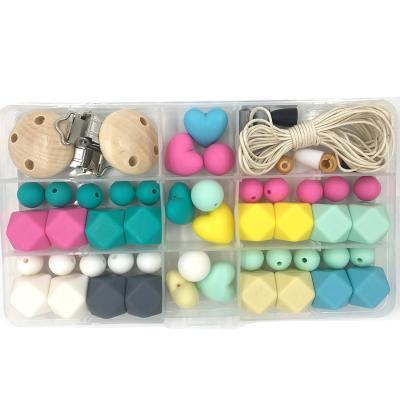 China Toy Baby Teether Toys Soft Silicone Teething Kit Geometric Hexagon Silicone Wooden Pacifier Clip Teether Beads DIY Care Necklace for sale