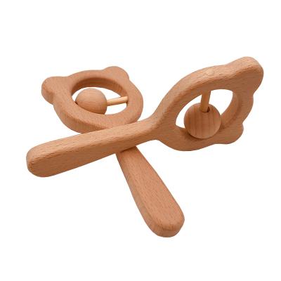 China Small Eco-Friendly Baby Beech Bear Hand Montessori Toys Teething Ring Baby Rattles Wooden Sensory Teether Playing Gym Baby Charms for sale