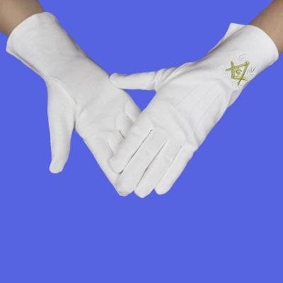 China Wholesale Single Square Embroidered Logo Parade Regalia Freemason Man Tomb Church 100 Cotton White Masonic Hand Gloves Simple Gold for sale