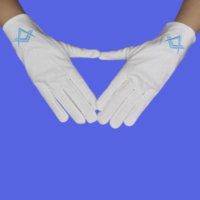 China Custom Logo Freemason White Men's Masonic Blue Square Parade Fork Embroidery Church Regalia Tomb 100 Cotton Hand Gloves With Snap for sale