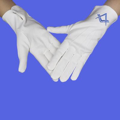 China Plain Custom Masonic Blue Square Embroidered Parade Regalia Freemason Man Church Tomb 100 Cotton White Hand Gloves With Cuff Snap for sale