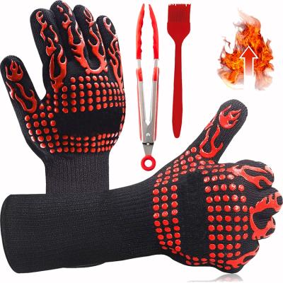 China Insulated Flame Retardant BBQ Oven Cooking Brush Extreme Heat Resistant High Temperature Resistant Non-Slip Silicone Grip Barbecue Grilling Gloves for sale