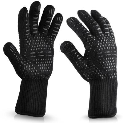 China Amazone High Temperature Resistant Extra Long Outdoor Hot Sale Fabric Aramid 932f Silicone Cuff Heat Resistant Barbecue Grilling Gloves For Kitchen for sale