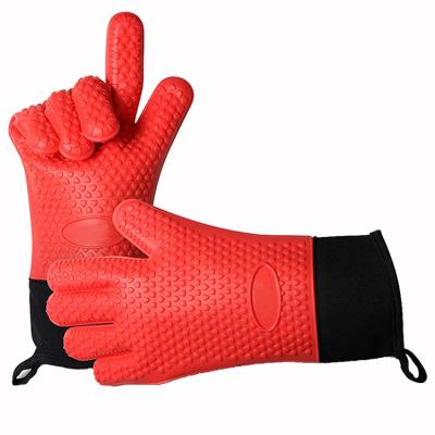 China Waterproof Red Extra Long Sleeves Oven Mitt Grilling BBQ Kitchen Baking Handling Pots Filters Cotton Layer Protective Silicone Cooking Gloves for sale