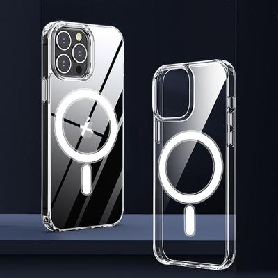 China Shockproof Magnetic Radio Charging Transparent Clear Shockproof Phone Case For iPhone Samsung Huawei for sale