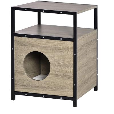 China Modern Industrial Wood and Metal Pet Furniture for Home, Cat House with Bed Cushion, 2 Tier Cat End Table Shelter Storage Cabinet for sale