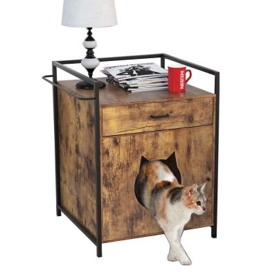 China Modern industrial wood and metal cabinet pet furniture for play, simple cat end table night stand for bedroom, cat house with iron frame for sale