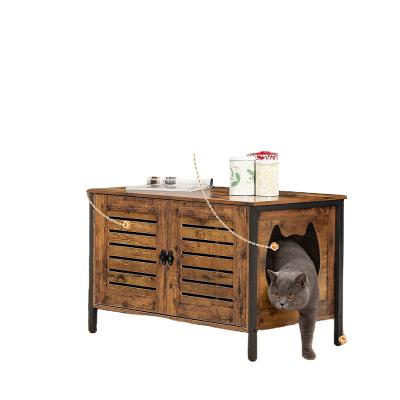 China Large Modern Wood and Metal Cat Box Cabinet Pet Furniture, Cat Washroom with 2 Door, Industrial Cat Kennel with Iron Frame for sale