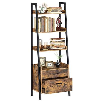 China Modern 4 Tier Ladder Shelf with 2 Drawer Wooden Serving Organizer Shelves with Metal Frame for sale