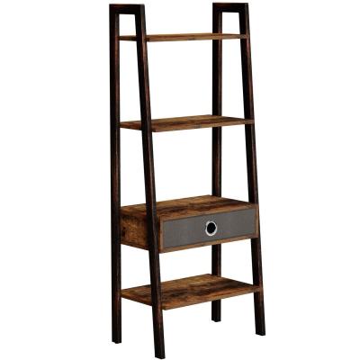 China Modern 4-Tier Ladder Wooden Shelf Bookcase with Drawer, Rustic Hand Painted Metal Frame for sale