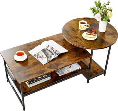 China Modern round and rectangular side coffee table set, wood center table for home, simple industrial table with metal leg for living room for sale