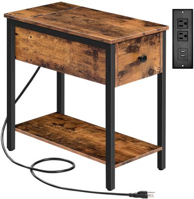 China Modern side table with charging station, Narrow nightstand with drawer and USB ports and power outlets, End table for small spaces for sale