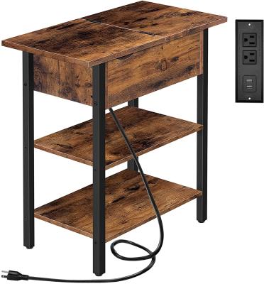 China Modern Narrow Nightstand Side Table, Flip End Table with Charging Station and Shelves, USB Ports and Power Outlets for sale