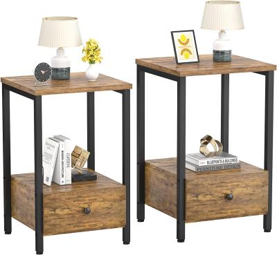 China Modern 2 Shelf Metal Frame Modern Wood Bedside Table Set With Drawer End Table With Storage Shelf for sale